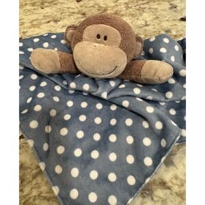 Baby Starters Blue Polka Dot Monkey Security Satin Back Lovie Plush 14x14